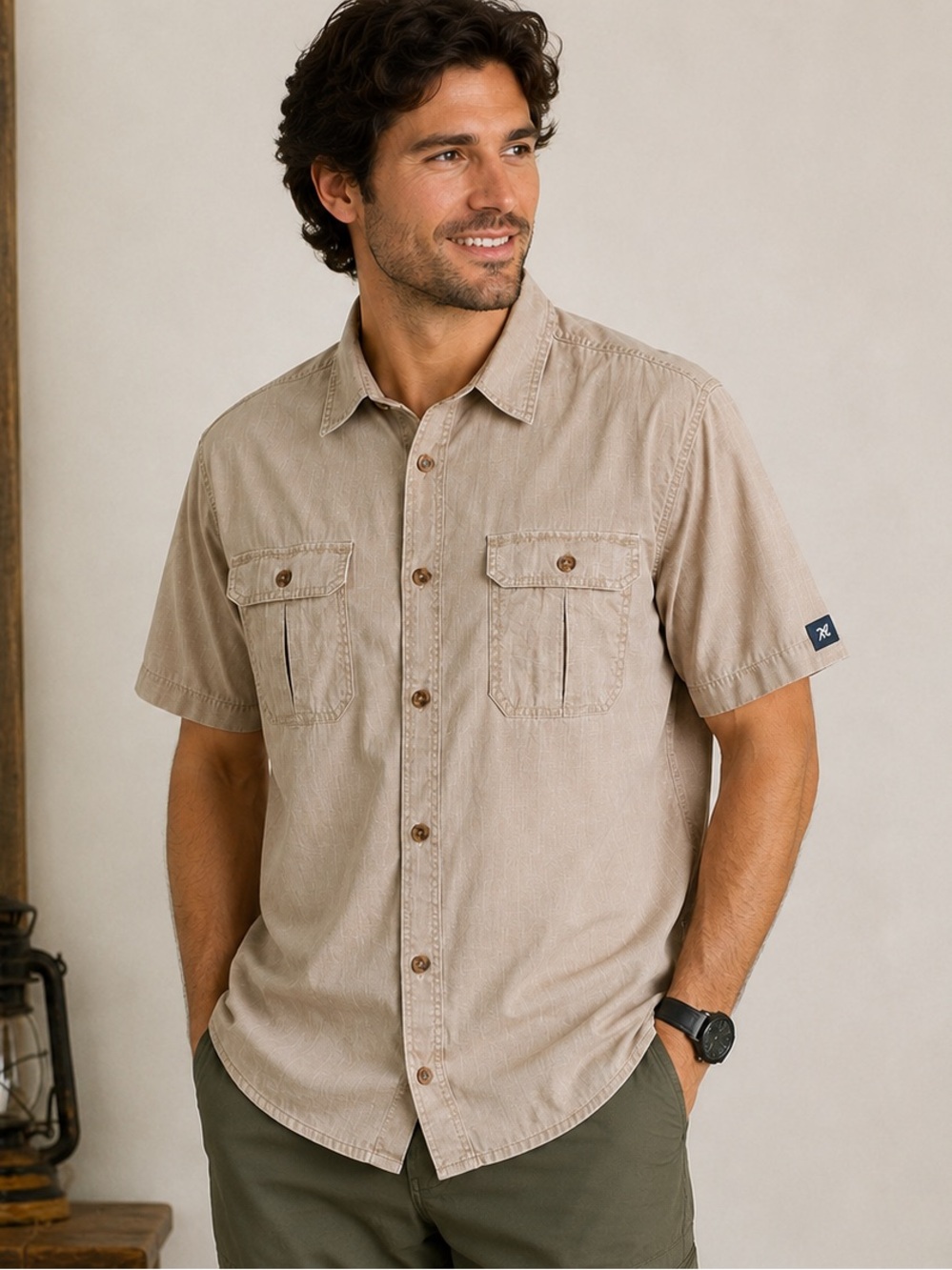 Outdoor Life Trail Shirt Tan Safari Utility Button Up Hiking Fishing Size L